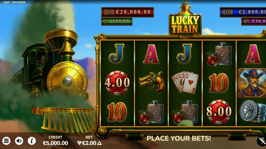 Interface do jogo de slot Lucky Train com tema steampunk e locomotiva
