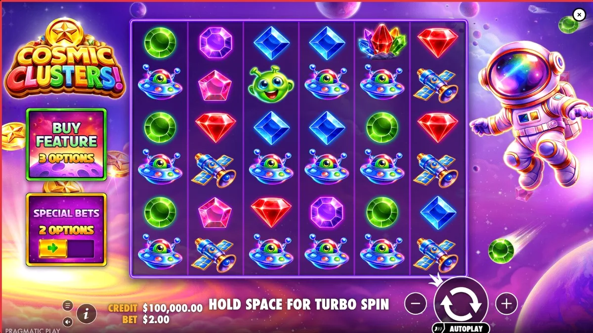 Interface vibrante e neon do slot Cosmic Clusters com símbolos de gemas e alienígenas