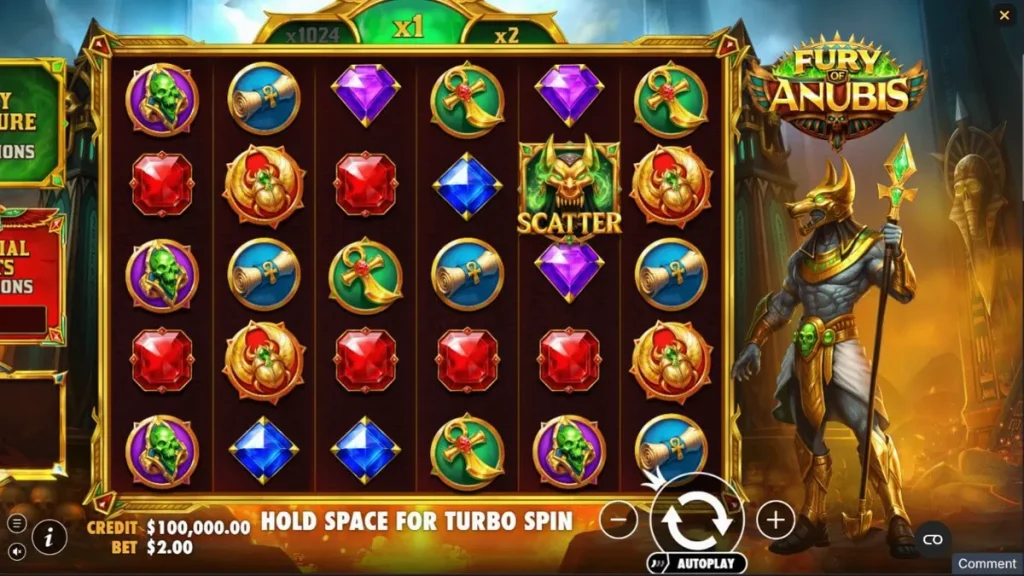 Interface do jogo de slot Fury of Anubis com temática egípcia sombria