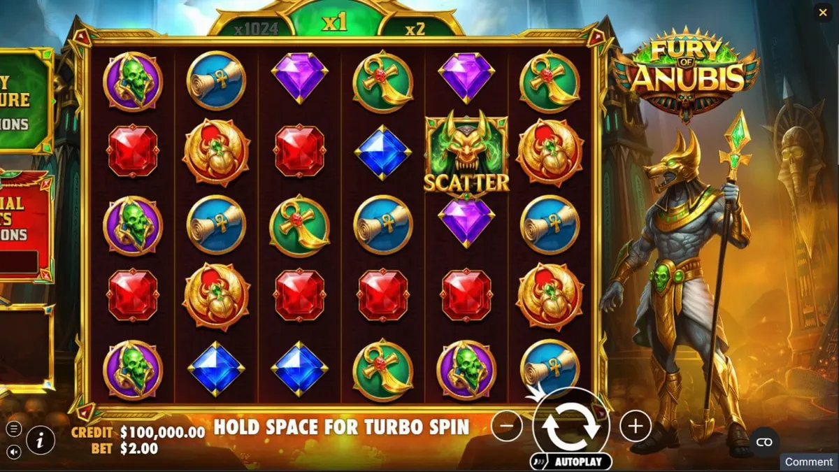 Interface do jogo de slot Fury of Anubis com temática egípcia sombria