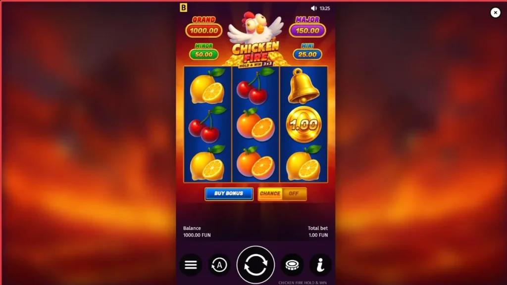 Interface do slot Chicken Fire com símbolos de frutas e galinha animada