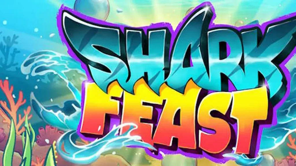 Cenário subaquático colorido e vibrante do jogo Shark Feast com luzes neon.